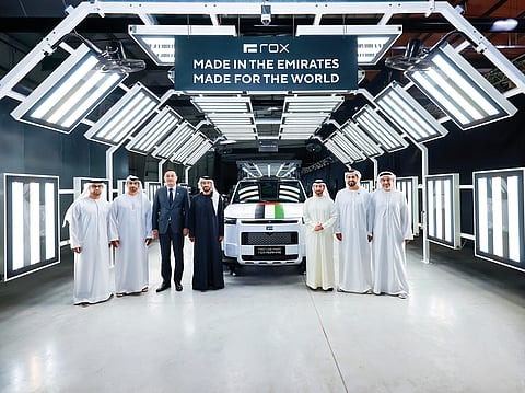 Sheikh Nahyan bin Zayed Al Nahyan and Jarvis, Founder and CEO of ROX, pictured with other senior representatives at the roll-off of the first UAE-made ROX ADAMAS at ROX’s Advanced AI Manufacturing Centre in Abu Dhabi
