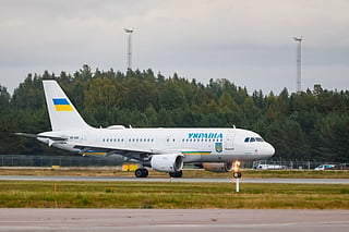 Ukrainian plane UR-ABA believed to carry Ukraine's President Volodymyr Zelensky and his and his wife Olena Zelenska lands at Gardermoen airport near Oslo before Norway's King Harald V's funeral on September 9, 2026 in Oslo.