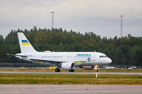 Ukrainian plane UR-ABA believed to carry Ukraine's President Volodymyr Zelensky and his and his wife Olena Zelenska lands at Gardermoen airport near Oslo before Norway's King Harald V's funeral on September 9, 2026 in Oslo.
