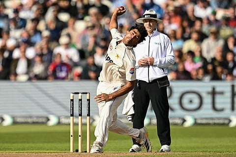 Pakistan's Razaullah bowls on day one of the third test match between England and Pakistan at Edgbaston cricket ground in Birmingham, central England, on September 9, 2026.