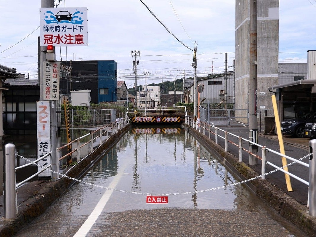 An underpass is seen flooded after heavy rains in Fukui, central Japan on August 30, 2026.