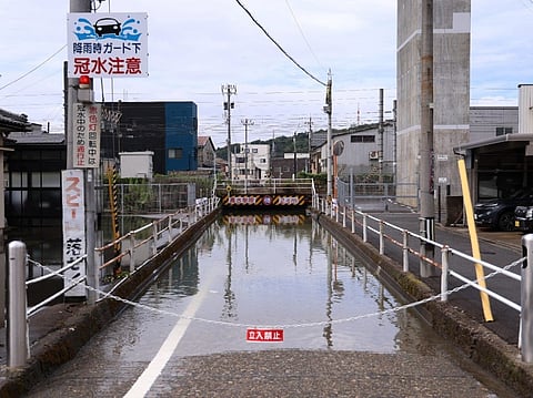 An underpass is seen flooded after heavy rains in Fukui, central Japan on August 30, 2026.