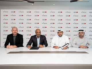 From left: Elie Naaman, Co-founder and CEO of Ellington Properties and Joseph Thomas, Co-founder of Ellington Properties, with Hamad Budebes, Senior Division Head - Government Clients, ADCB, and Rashid Alshuhail, Senior Relationship Manager - Corporate Banking, Real Estate & Contracting Division, ADCB, during the partnership signing ceremony 