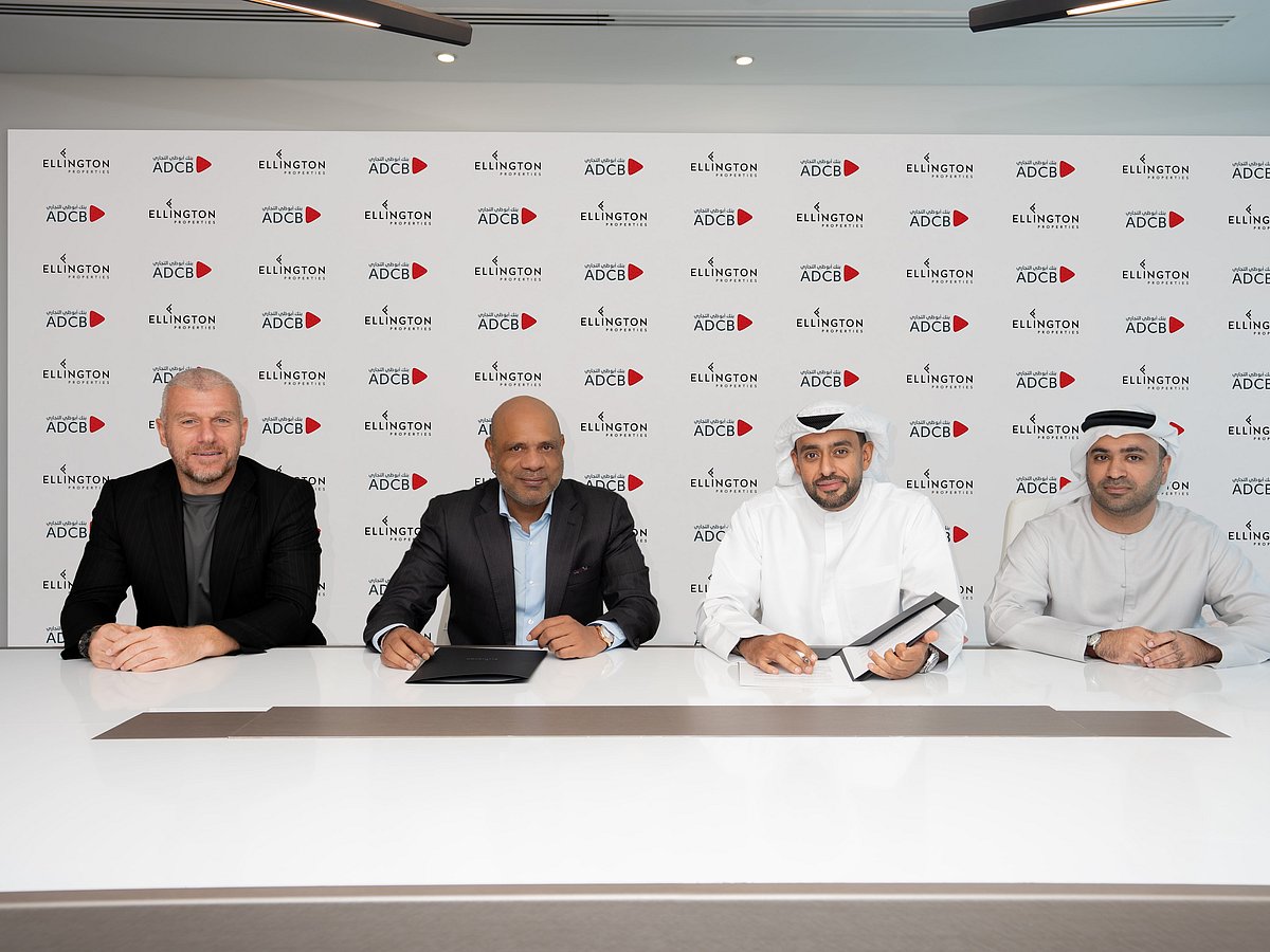 From left: Elie Naaman, Co-founder and CEO of Ellington Properties and Joseph Thomas, Co-founder of Ellington Properties, with Hamad Budebes, Senior Division Head - Government Clients, ADCB, and Rashid Alshuhail, Senior Relationship Manager - Corporate Banking, Real Estate & Contracting Division, ADCB, during the partnership signing ceremony 