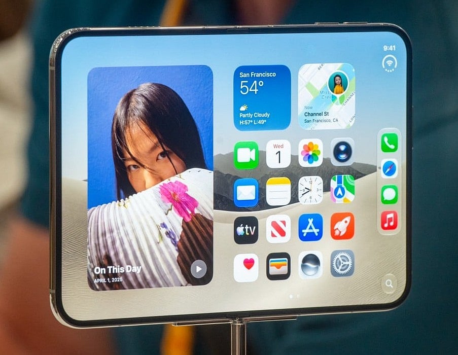 The new foldable iPhone Duo is displayed during an Apple event at the Steve Jobs Theater in Apple Park in Cupertino, California, on September 9, 2026.