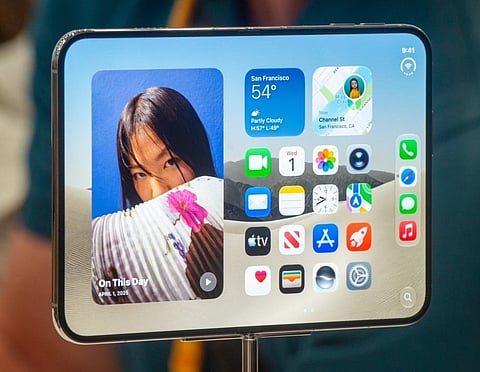 The new foldable iPhone Duo is displayed during an Apple event at the Steve Jobs Theater in Apple Park in Cupertino, California, on September 9, 2026.
