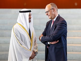 UAE President His Highness Sheikh Mohamed bin Zayed Al Nahyan speaks with His Excellency Friedrich Merz, Chancellor of Germany, at the Federal Chancellery.