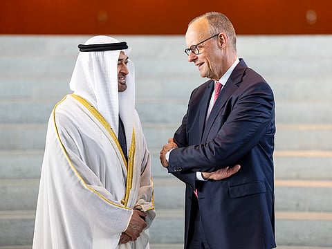 UAE President His Highness Sheikh Mohamed bin Zayed Al Nahyan speaks with His Excellency Friedrich Merz, Chancellor of Germany, at the Federal Chancellery.
