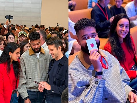 Actor Triptii Dimri and Punjabi singer AP Dhillon pose together at Apple Park in Cupertino, California, during Apple’s launch event.