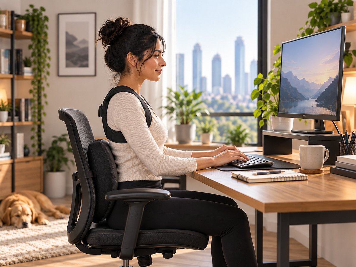 Posture correctors can act as a useful reminder to sit more upright, but lasting improvements also depend on good ergonomics, movement and stronger postural muscles.
