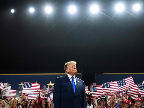 US President Donald Trump walks on stage to speak on the first day of the 2026 Republican National Convention at the American Airlines Center on September 09, 2026 in Dallas, Texas