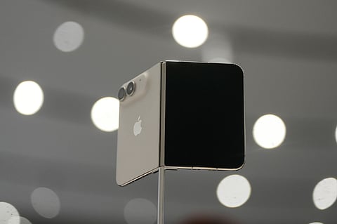 The iPhone Duo is displayed during an announcement of new products on Wednesday, Sept. 9, 2026, on the Apple campus in Cupertino, Calif. (AP Photo/Jeff Chiu)