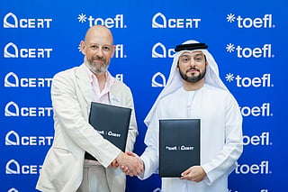 TOEFL Vice President David Hand and CERT CEO Khalid Alhammadi celebrate a strategic agreement that will broaden academic pathways and enhance English language assessment access throughout the UAE