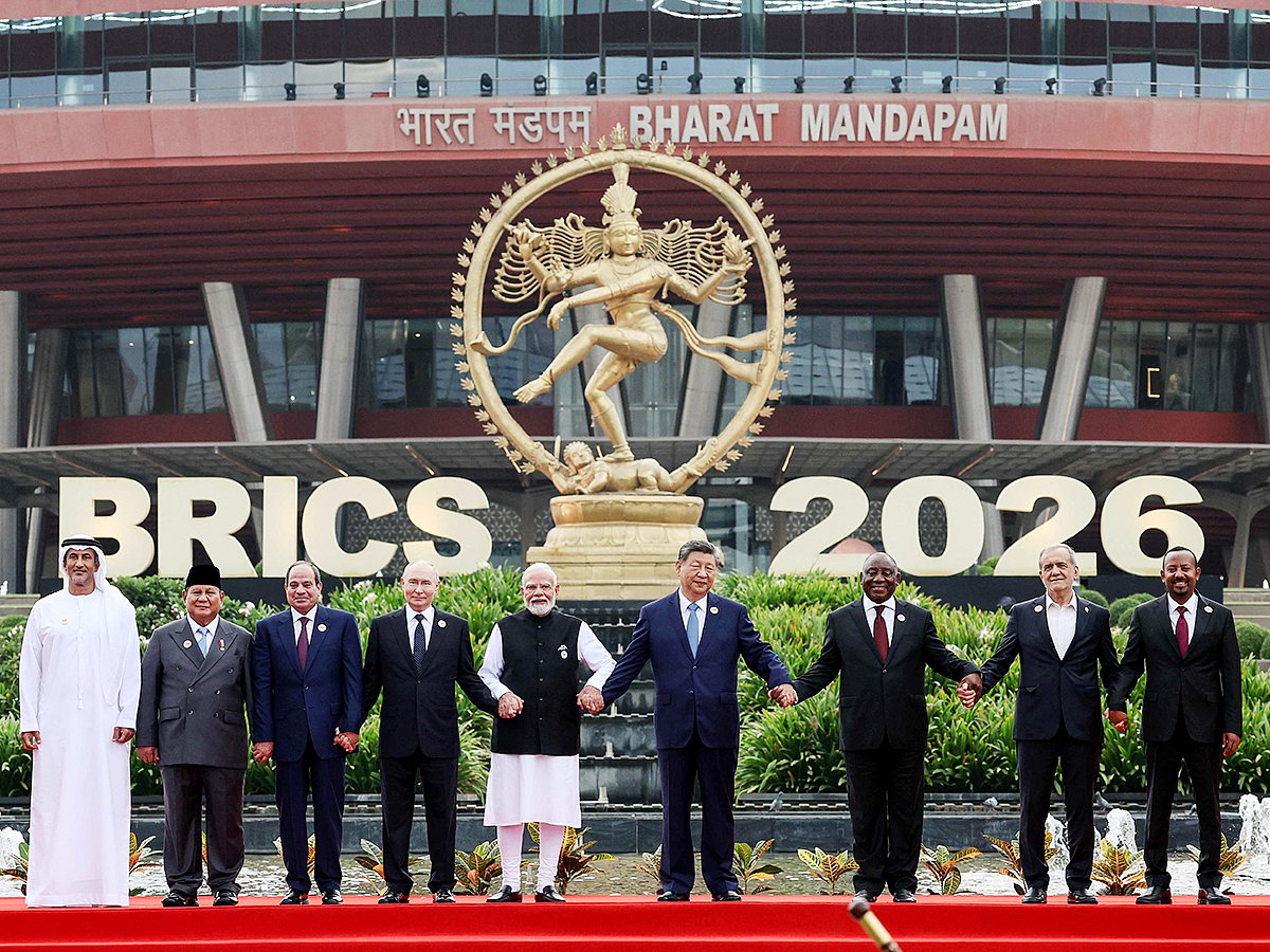 Leaders pose for a photo during the 18th BRICS Summit in New Delhi. 