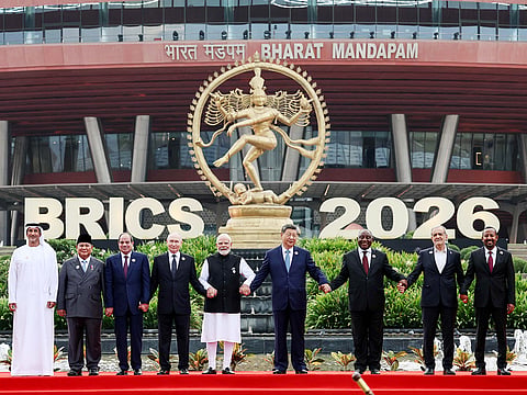 Leaders pose for a photo during the 18th BRICS Summit in New Delhi. 