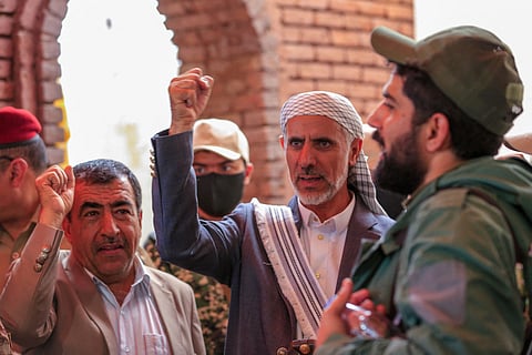 Houthi caretaker prime minister Mohammed Ahmed Miftah arrives for a press conference on September 12 in Sanaa after 210 prisoners were released following the Houthis’ Red Sea coast offensive.