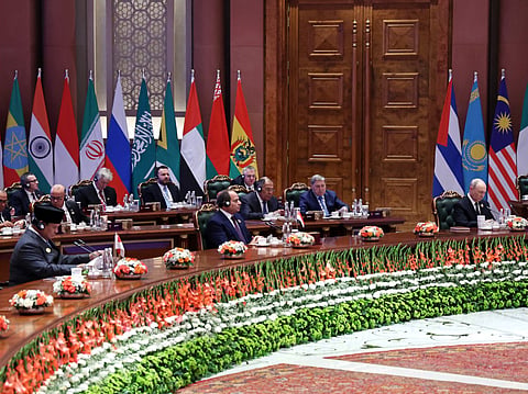 Russia's President Vladimir Putin (R), Indonesia's President Prabowo Subianto (L) and Egypt's President Abdel Fattah el-Sisi (C) attend the BRICS Summit in New Delhi on September 12, 2026.
