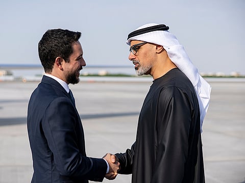 Sheikh Khaled bin Mohamed bin Zayed Al Nahyan, Crown Prince of Abu Dhabi and Chairman of Abu Dhabi Executive Council (R), receives HRH Hussein bin Abdullah, Crown Prince of Jordan (L), at the airport.