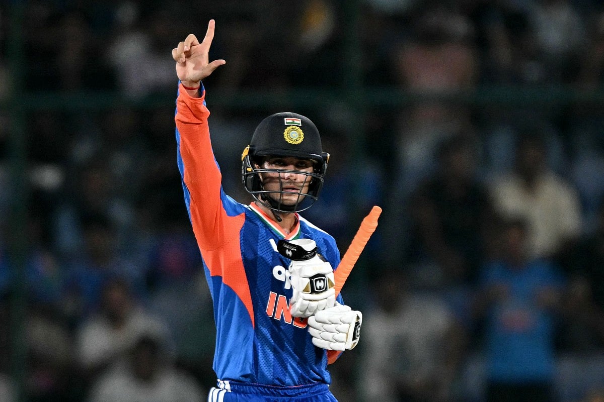 India's Abhishek Sharma celebrates after scoring a half-century (50 runs) during the first T20 international cricket match between India and Afghanistan at the Arun Jaitley Stadium in New Delhi on September 13, 2026.