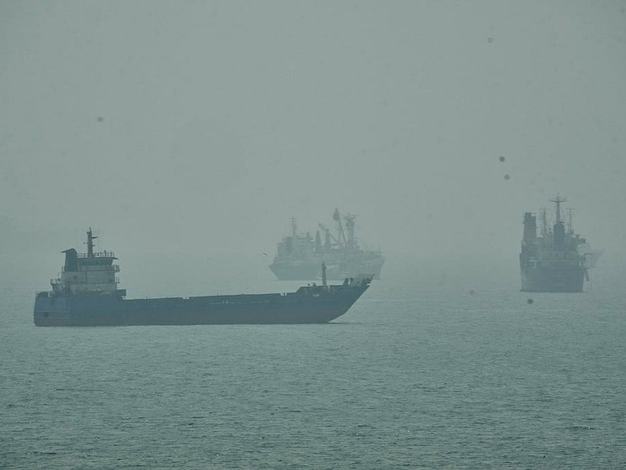 Commercial vessels anchored amid haze in the Strait of Hormuz off Bandar Abbas, Iran, Monday, Sept. 7, 2026. 