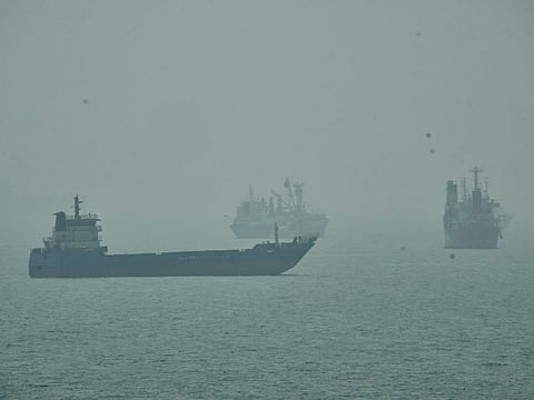 Commercial vessels anchored amid haze in the Strait of Hormuz off Bandar Abbas, Iran, Monday, Sept. 7, 2026. 