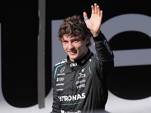 Mercedes driver Andrea Kimi Antonelli of Italy celebrates after winning the Spanish Formula One Grand Prix race in Madrid.