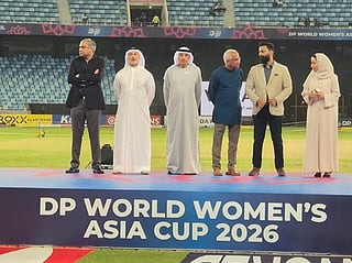 Mohsin Naqvi, President of the Asian Cricket Council (ACC) and the Chairman of the Pakistan Cricket Board (PCB), with officials at the Women's Asia Cup 2026 presentation at Dubai International stadium on Sunday.  