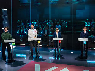 (L to R) Green Party spokespersons Amanda Lind, Sweden Democrats leader Jimmie Akesson, Social Democratic Party leader Magdalena Andersson and Swedish Prime Minister and Moderate Party leader Ulf Kristersson take part in a televised election debate hosted by TV4 in Stockholm, Sweden, on September 10, 2026, three days ahead of the country’s general election.