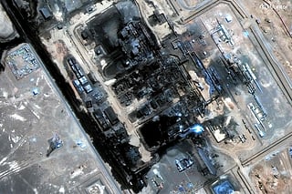 Satellite image shows damage and fires at a pumping station along Saudi Arabia’s East-West oil pipeline following the September 11 attack.