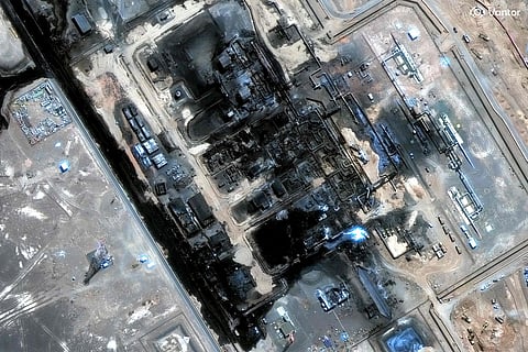 Satellite image shows damage and fires at a pumping station along Saudi Arabia’s East-West oil pipeline following the September 11 attack.