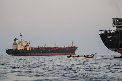 Commercial vessels are anchored off Yemen's coast at Bab al-Mandeb, in the straits connecting the Red Sea with the Gulf of Aden and the Indian Ocean.