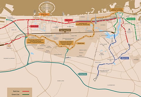 Dubai Rail Network Plan 2032 Map by RTA shows the high-speed rail network in brown colour