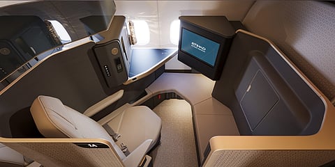 The new Etihad A330 First suite features a closing door, 32-inch screen, wireless charging and dedicated personal storage.