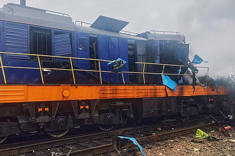 In this photo provided by the Ukrainian Ukrzaliznytsia Railway Company Press Office, a locomotive damaged in a Russian drone attack is seen at Yahodyn railway station near Ukraine's border with Poland, Ukraine, Sunday, Sept. 13, 2026. 