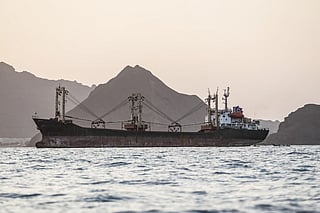 A commercial vessel is anchored off Yemen's coast at Bab Al Mandab, in the straits connecting the Red Sea with the Gulf of Aden and the Indian Ocean on September 12, 2026.
