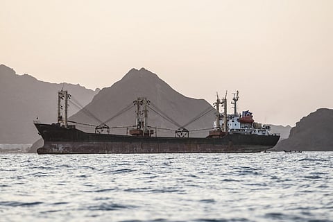 A commercial vessel is anchored off Yemen's coast at Bab Al Mandab, in the straits connecting the Red Sea with the Gulf of Aden and the Indian Ocean on September 12, 2026.