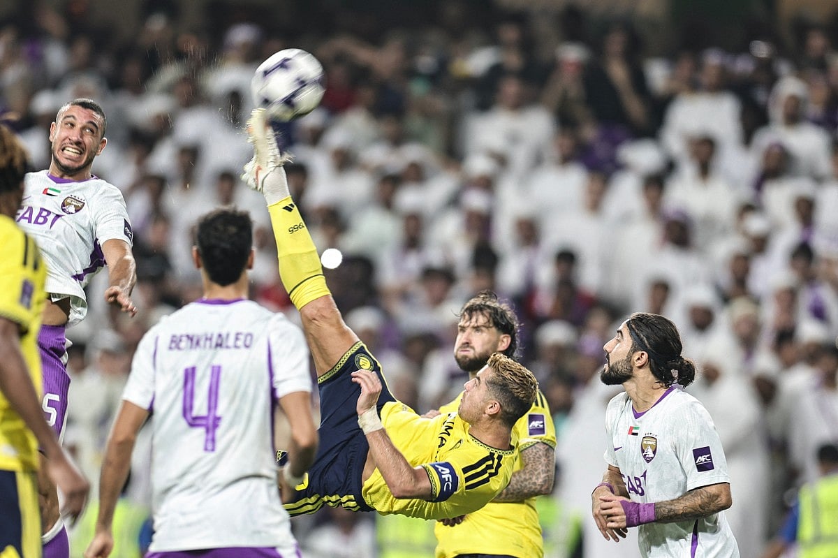 Nassr's Portuguese forward #07 Cristiano Ronaldo attempts a scissors kick during the AFC Champions League Elite (ACL) football match between Al-Ain and Al-Nassr at the Azza Bin Zayed stadium in Al-Ain on September 15, 2026.