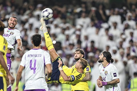 Nassr's Portuguese forward #07 Cristiano Ronaldo attempts a scissors kick during the AFC Champions League Elite (ACL) football match between Al-Ain and Al-Nassr at the Azza Bin Zayed stadium in Al-Ain on September 15, 2026.