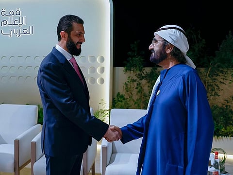 His Highness Sheikh Mohammed bin Rashid Al Maktoum, Vice President and Prime Minister of the UAE and Ruler of Dubai, welcomes Syrian President Ahmed Al Sharaa on Tuesday as a guest of the Arab Media Summit in Dubai.