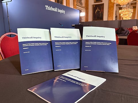 A view of Thirwall Inquiry reports displayed at Liverpool Town Hall ahead of the publication of the findings of a public inquiry into how Lucy Letby was able to repeatedly killed and harmed babies on a hospital neonatal unit in Liverpool, England, Tuesday Sept. 15, 2026. (Eleanor Barlow/PA via AP)