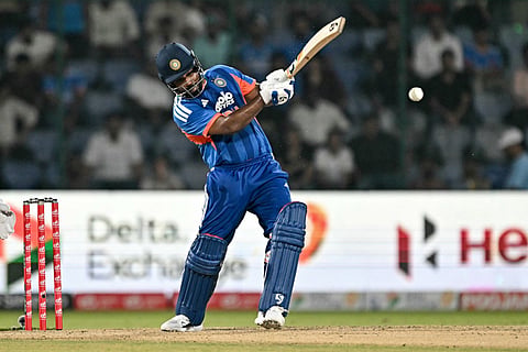 India's Sanju Samson plays a shot during the second T20 international cricket match between India and Afghanistan at the Arun Jaitley Stadium in New Delhi on September 15, 2026.