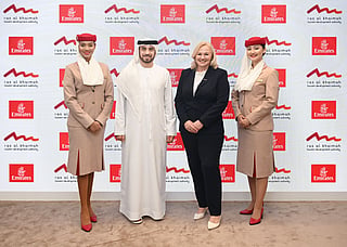 RAKTDA CEO Phillipa Harrison with Adnan Kazim, deputy president and chief commercial officer, Emirates. 