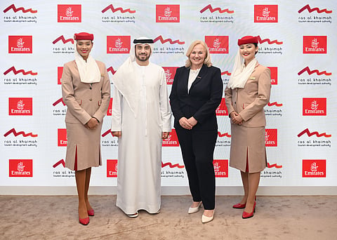RAKTDA CEO Phillipa Harrison with Adnan Kazim, deputy president and chief commercial officer, Emirates. 