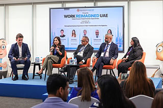 Shalni Babur, Chief People officer, Alfred Holdings; Lavkesh Grover, Director - HR, Gulf News;  Kulwinder Singh Head - HR Operations, Transguard Group;
and Shila Katira, People & Culture Operations Manager, Triliv Holdings, speaking at a session at Work Reimagined UAE. The session was moderated by Lachlan Kitchen (extreme left)