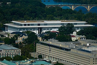 The John F. Kennedy Center for the Performing Arts as seen from the Washington Monument, Tuesday, Sept. 15, 2026, in Washington. 