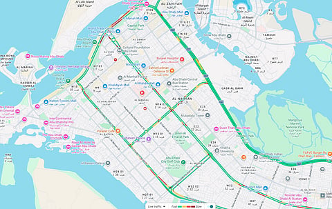 In central Abu Dhabi, slow-moving traffic is affecting parts of Al Khaleej Al Arabi Street near the World Trade Centre and Al Bateen.