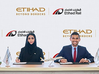 Etihad and Etihad Rail ink pact. Pictured above are Azza AlSuwaidi, Chief Operating Officer, Etihad Rail and Arik De, Chief Revenue and Commercial Officer, Etihad Airways.