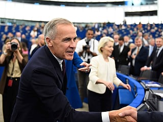 Canada's Prime Minister Mark Carney, left, and European Commission President Ursula von der Leyen arrive for the annual State of the European Union at the European Parliament in Strasbourg, eastern France, Wednesday, Sept 16, 2026. 