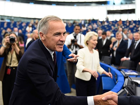 Canada's Prime Minister Mark Carney, left, and European Commission President Ursula von der Leyen arrive for the annual State of the European Union at the European Parliament in Strasbourg, eastern France, Wednesday, Sept 16, 2026. 