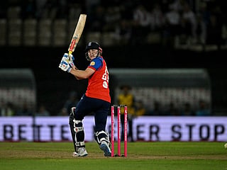 England's Harry Brook plays a shot during the first Twenty20 (T20) international cricket match between England and Sri Lanka at Utilita Bowl